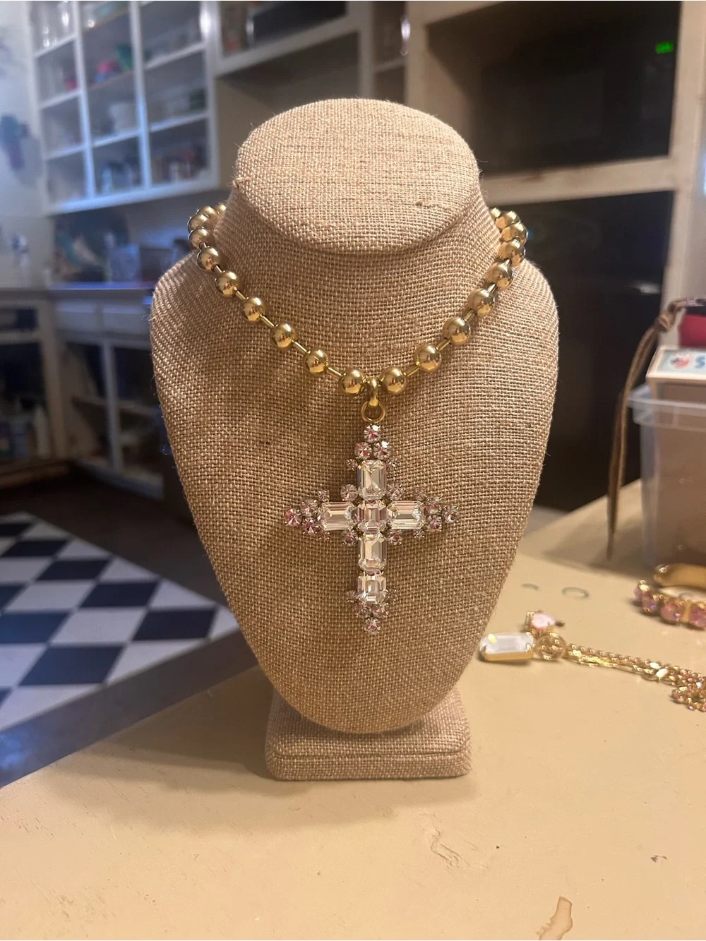 TOVA Ashley cross Gold Bead Necklace  Crystal Cross Pendant